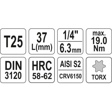 Antgalis įpresuotas į galvutę | 6.3 mm (1/4") | T-Star (Torx) T25 (YT-04305) 3