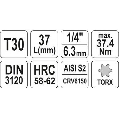 Antgalis įpresuotas į galvutę | 6.3 mm (1/4") | T-Star (Torx) T30 (YT-04306) 3