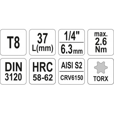 Antgalis įpresuotas į galvutę | 6.3 mm (1/4") | T-Star (Torx) T8 (YT-04301) 3