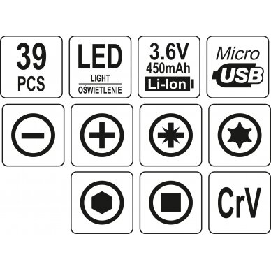 Antgalių rinkinys | su akumuliatoriniu atsuktuvu | Lithium-ion / 3,6V | 39 vnt. (YT-27930) 6