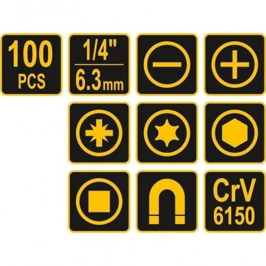 Atsuktuvų ir antgalių komplektas VOREL 60750 | SL | PH | PZ | HEX | TORX | S | 100VNT. 1