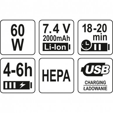 Automobilinis dulkių siurblys LUND 82955 | HEPA | Li-ion | 7.4V | 60W 9