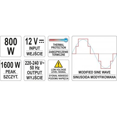 Automobilinis įtampos inverteris | 12/230V 800 W (YT-81491) 5