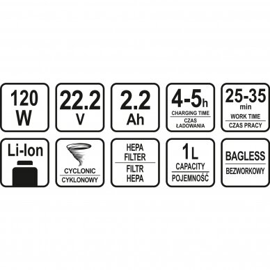 Cikloninis belaidis dulkių siurblys LUND 67120 | Li-ion | HEPA H13 | 22.2V | 120W | 1L 11