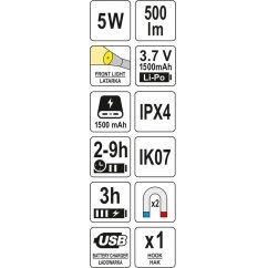 Darbo lempa akumuliatorinė | 500LM, LI-PO 3,7V 1500MAH (YT-08556) 7