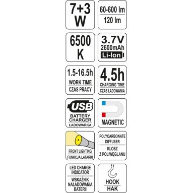 Darbo lempa akumuliatorinė | 7W COB, 600LM + 120LM (YT-08519) 5