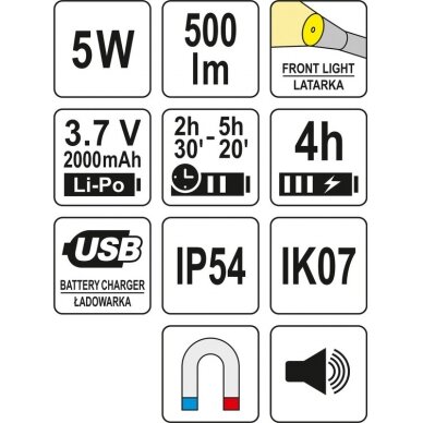 Darbo lempa akumuliatorinė | 500LM, LI-PO 3.7V 2000MAH, 3 in 1 | 500lm (YT-08557) 5