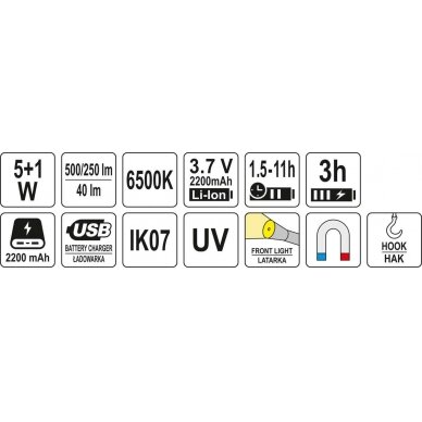 Darbo lempa akumuliatorinė | 5W COB, 500LM + 40LM, UV (YT-08517) 12