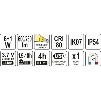 Darbo lempa akumuliatorinė | 6W COB, 600LM + 250LM, LI-ION 3.7V 2600MAH, IK07, IP54, CRI80 (YT-08558) 6