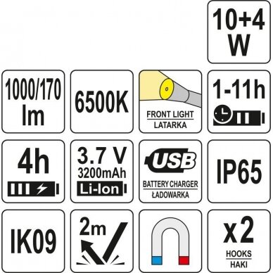 Darbo lempa akumuliatorinė | COB 10W 1000LM, IK09, IP65, LI-ION 3.7V 3200MAH (YT-08510) 5