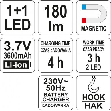 Darbo lempa | COB+1Led / 180 LUM | LED MAGNET | Aku Li-Ion (YT-08502) 7
