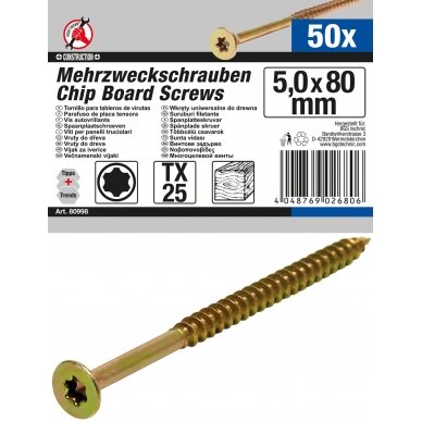 Daugiafunkciniai varžtai | T-Star (Torx) T25 | 5,0 x 80 mm | 50 vnt (80998)