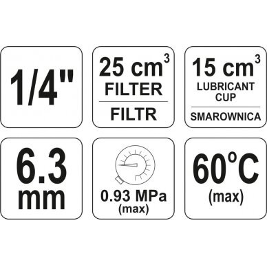 Drėgmės surinkėjas ,reguliatorius su manometru ir tepaline 25сm3, 1/4" (YT-2384) 2