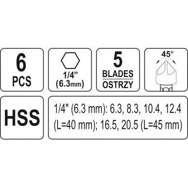 Frezų/grąžtų metalui rinkinys | HSS | Hex 6,3 mm (1/4") | 6.3 - 20.5 mm (YT-44729) 3