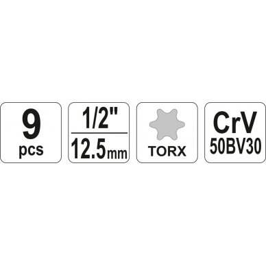 Galvučių rinkinys E-tipas | 12,5 mm (1/2") | E10 - E24 | 9 vnt. (YT-0521) 6