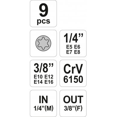 Galvučių rinkinys E-Tipas | 6.3 mm (1/4") / 10 mm (3/8") | E5 - E16 | 9 vnt. (YT-0520) 4