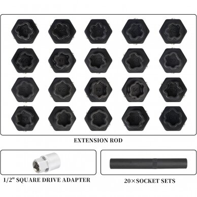 Galvučių rinkinys ratų varžtų užraktams [slapukams] H4034 | su 1/2" adapteriu ir išmušikliu | BMW | 22 vnt. 7