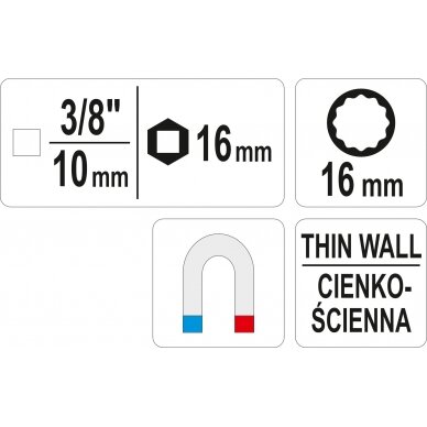 Galvutė žvakėms 12-kampė magnetinė | 10 mm (3/8") | 16 mm (YT-38511) 2