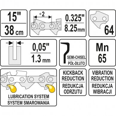 Grandininio pjūklo grandinė YATO YT-84945 | 15" | .325" | 0.05" | 64 grandys 1