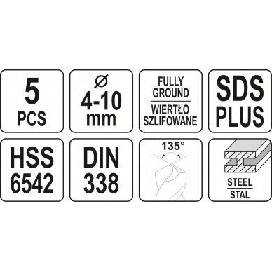 Grąžtai metalui | HSS 6542 | SDS PLUS | 4 - 10 mm | 5 vnt. (YT-40050) 3