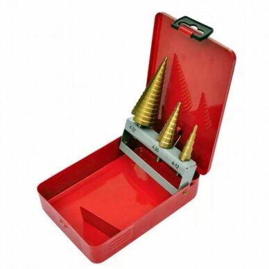 Grąžtai skylės (pa)platinimui pakopiniai | metalinė dėžutė | 4-32 mm | 3 vnt. (SK1631) 1