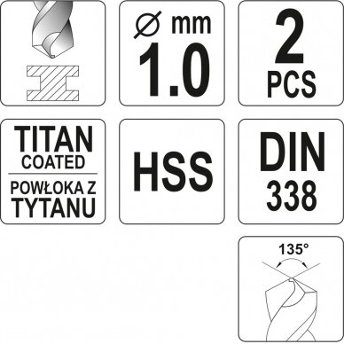 Grąžtas metalui HSS-TIN 1.0 mm, 2vnt. (YT-44630) 2