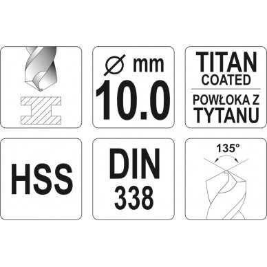 Grąžtas metalui HSS-TIN 10.0 mm (YT-44662) 2