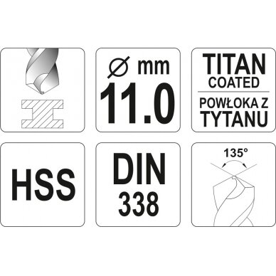 Grąžtas metalui HSS-TIN 11.0 mm (YT-44664) 2