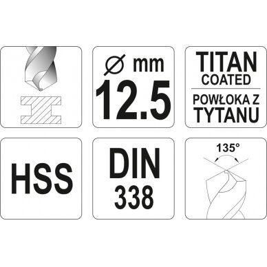 Grąžtas metalui HSS-TIN 12.5 mm (YT-44667) 2