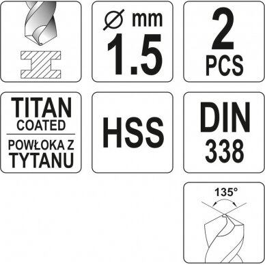Grąžtas metalui HSS-TIN 1.5 mm, 2vnt. (YT-44631) 2