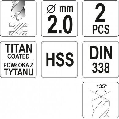 Grąžtas metalui HSS-TIN 2.0 mm, 2vnt. (YT-44632) 2