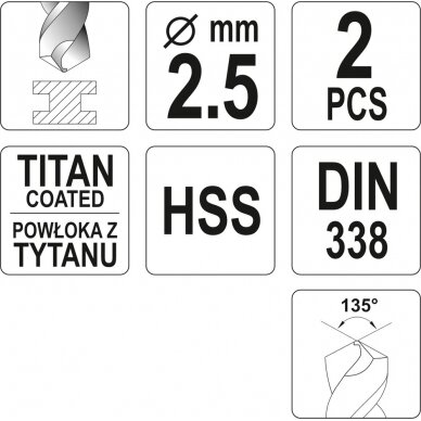 Grąžtas metalui HSS-TIN 2.5 mm, 2vnt. (YT-44633) 2