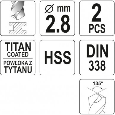 Grąžtas metalui HSS-TIN 2.8 mm, 2vnt. (YT-44634) 2
