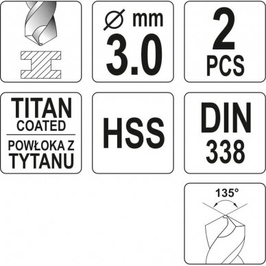 Grąžtas metalui HSS-TIN 3.0 mm, 2vnt. (YT-44635) 2