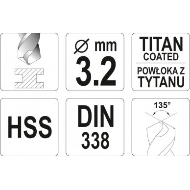 Grąžtas metalui HSS-TIN 3.2 mm (YT-44637) 2