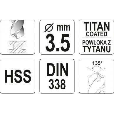 Grąžtas metalui HSS-TIN 3.5 mm (YT-44639) 2