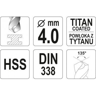 Grąžtas metalui HSS-TIN 4.0 mm (YT-44640) 2