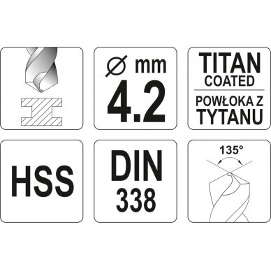 Grąžtas metalui HSS-TIN 4.2 mm (YT-44642) 2