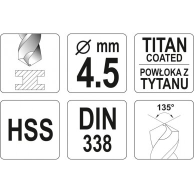 Grąžtas metalui HSS-TIN 4.5 mm (YT-44643) 2