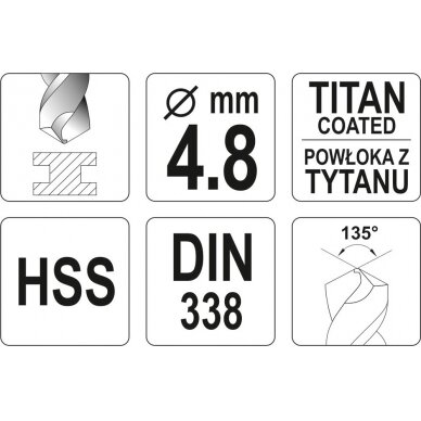 Grąžtas metalui HSS-TIN 4.8 mm (YT-44645) 2