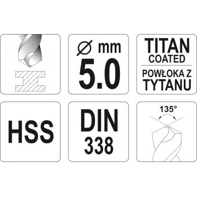 Grąžtas metalui HSS-TIN 5.0 mm (YT-44650) 2