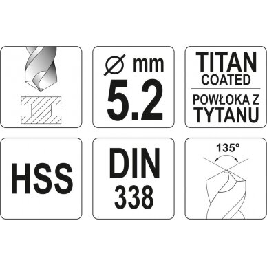 Grąžtas metalui HSS-TIN 5.2 mm (YT-44652) 2