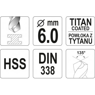 Grąžtas metalui HSS-TIN 6.0 mm (YT-44654) 2