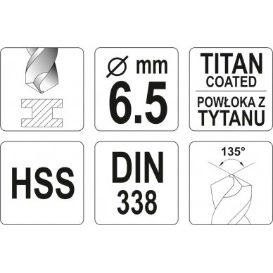 Grąžtas metalui HSS-TIN 6.5 mm (YT-44655) 2