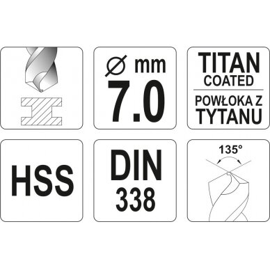 Grąžtas metalui HSS-TIN 7.0 mm (YT-44656) 2