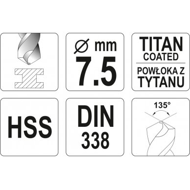 Grąžtas metalui HSS-TIN 7.5 mm (YT-44657) 2