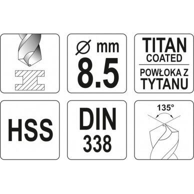 Grąžtas metalui HSS-TIN 8.5 mm (YT-44659) 2