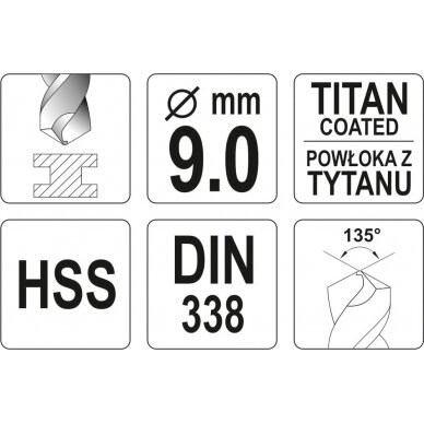 Grąžtas metalui HSS-TIN 9.0 mm (YT-44660) 2