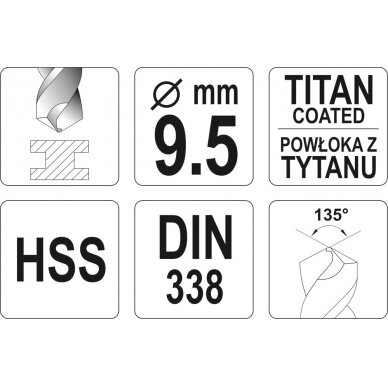 Grąžtas metalui HSS-TIN 9.5 mm (YT-44661) 2