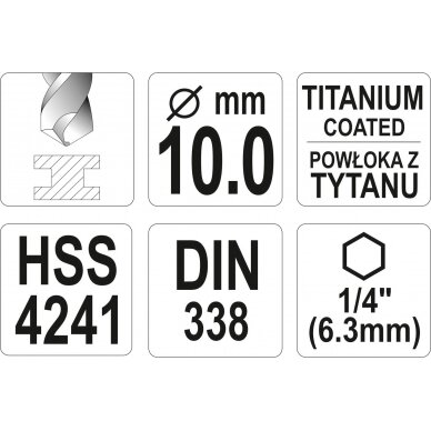 Grąžtas metalui su Hex 6.3 mm (1/4") galu HSS-TiN | 10.0 mm (YT-44772) 3